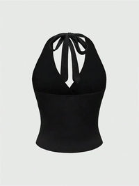 Solid V-neck Backless Halter Crop Top for Women Summer Sexy Y2K Sleeveless Ruched Top Streetwear