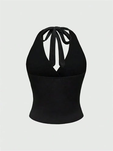 Solid V-neck Backless Halter Crop Top for Women Summer Sexy Y2K Sleeveless Ruched Top Streetwear