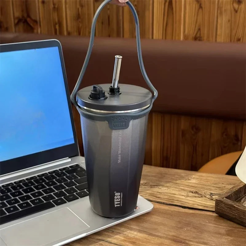 Stainless Steel Vacuum Insulated Coffee Mugs with Straw and Silicone Rope Portable Large Capacity Ice Bar Thermal Water Cup