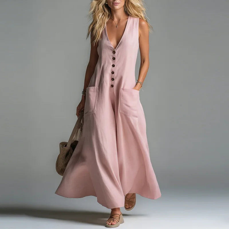 2026 Spring Summer Women Solid Color Deep V Neck Casual Dress With Patch Pockets