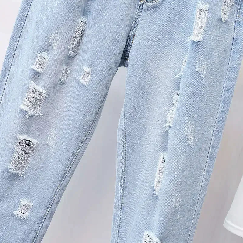 4XL 5XL Plus Size Jeans Woman High Waist Denim Trousers Loose Hole Ripped Jeans For Women Washed Summer Autumn Jean Femme C7419