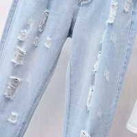 4XL 5XL Plus Size Jeans Woman High Waist Denim Trousers Loose Hole Ripped Jeans For Women Washed Summer Autumn Jean Femme C7419