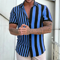 New Men's Shirts Fashion Stripes Print Short-sleeved Tees Summer Tops Men Turn-down Collar Button Casual T-shirt Clothing