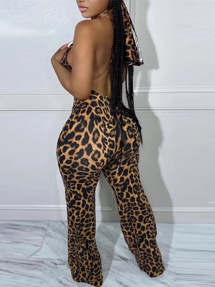 Sexy Leopard Print Spaghetti Strap Backless Jumpsuit V-Neck Night Out Daily