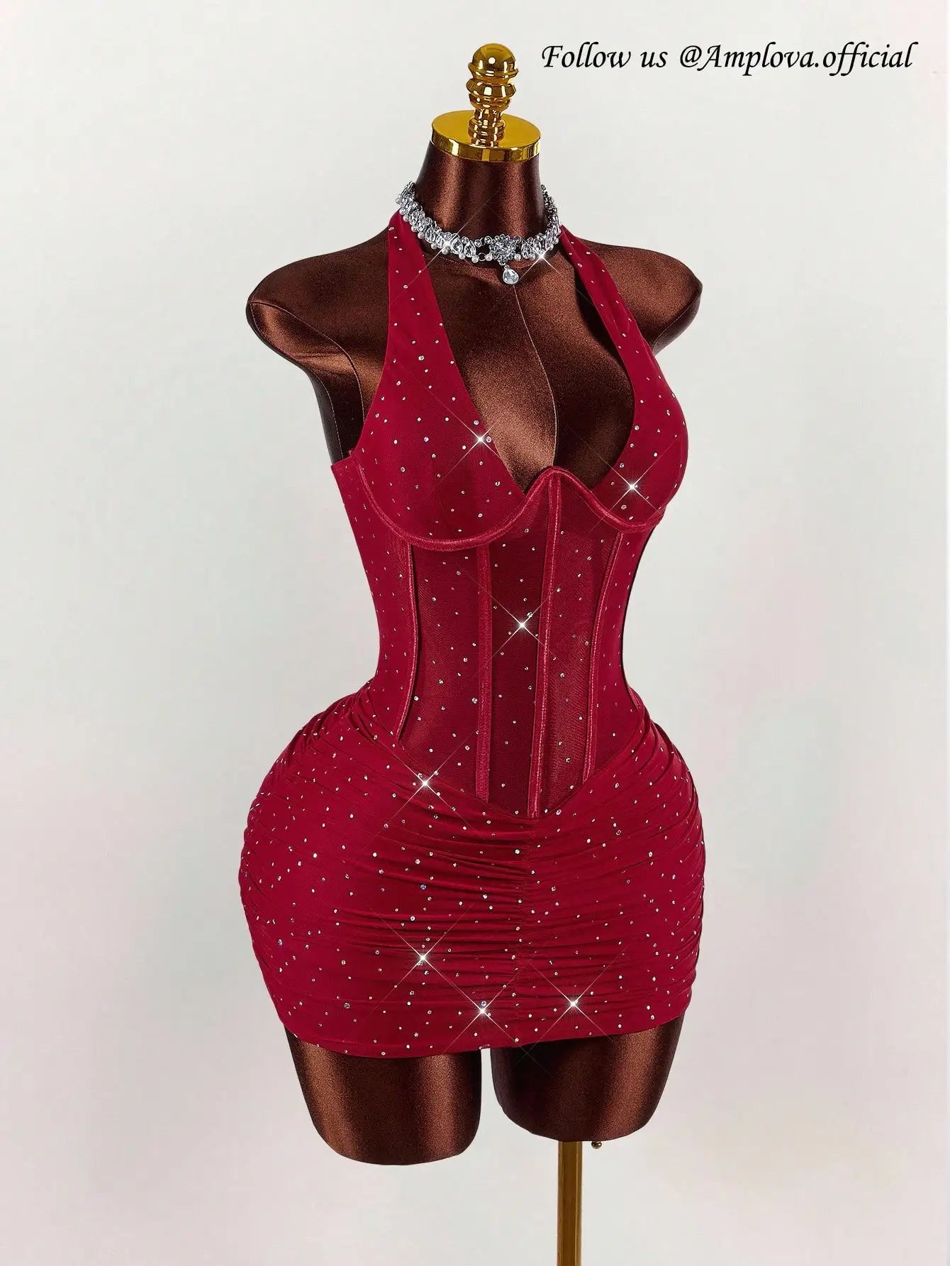Red Halter Neck Rhinestone Mini Dress with Corset Waist for Party Club Night