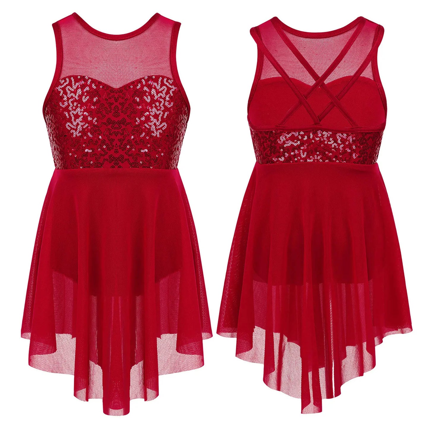 Girls Shiny Rhinestone Jazz Ballet Dance Dress Decorated Collar Sequins Mesh Tassel Hem Dance Leotards Dance Performance Dress