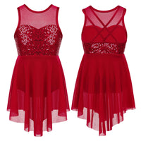 Girls Shiny Rhinestone Jazz Ballet Dance Dress Decorated Collar Sequins Mesh Tassel Hem Dance Leotards Dance Performance Dress