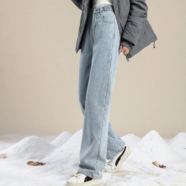 Plus Velvet Denim Pants for Women Autumn Winter New Thickened Baggy Straight Jeans Ladies Casual Versatile Wide Leg Trousers