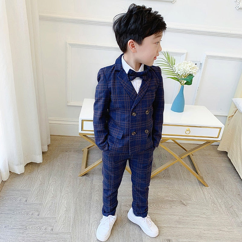 Flower Boys Formal Dress Suit Set Autumn Children Plaid Double Breasted Blazer Pants 2Pcs Clothes Set Kids Wedding Party Costume