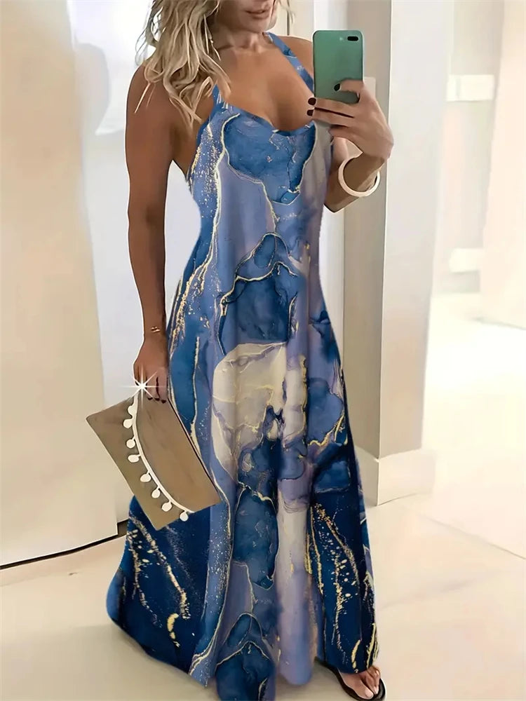 Women's New Fashion Summer Sleeveless Dress Casual Long Retro Strap Dress Street 3D Texture Print Comfortable Breathable Dress