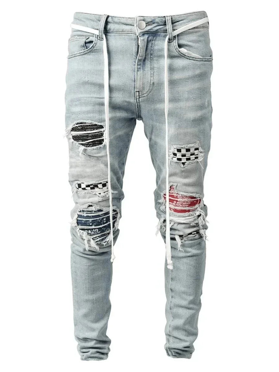 Men Jeans Denim Pants Pencil Pant Slim Fit Hole Print Pockets Straight Trousers Casual Elastic Waist Lace Up Autumn 2024