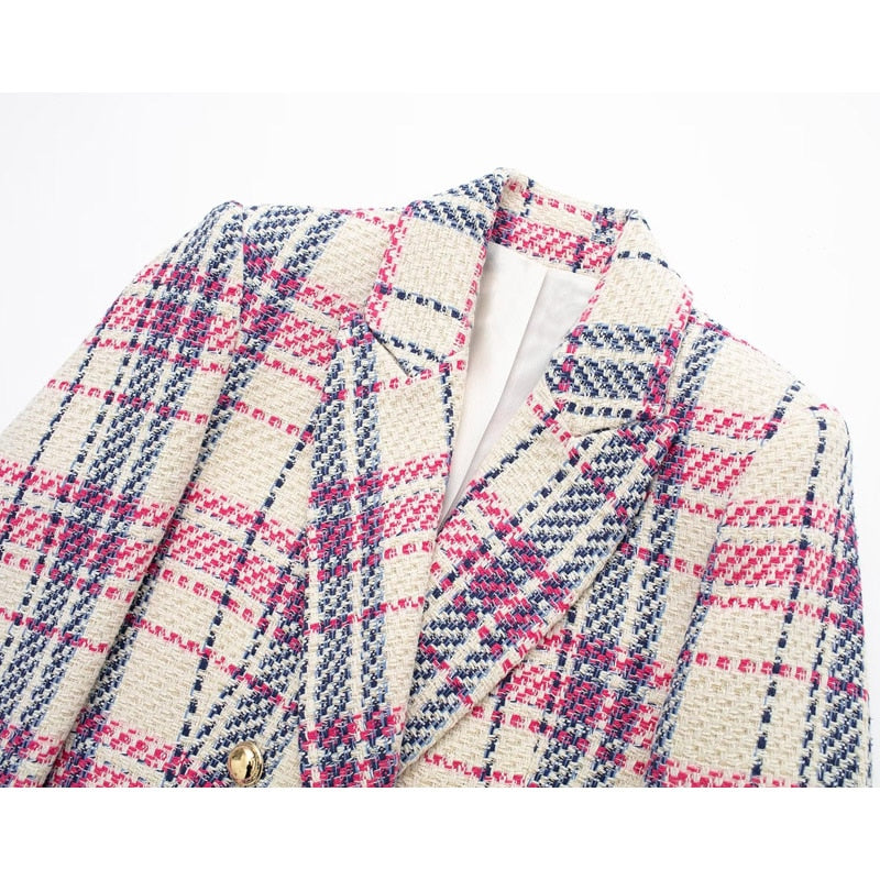 TRAF Plaid Tweed Blazer Women Textured Cropped Jacket Women Double Breasted Blazer Women Long Sleeve Button Blazers for Women