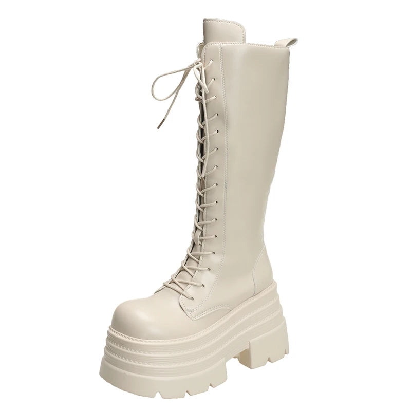 New Autumn Knee High Boots Women Chunky Leather Long Boots Woman High Heels Punk Shoes Winter 9CM Platform Motorcycle Booties