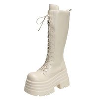 New Autumn Knee High Boots Women Chunky Leather Long Boots Woman High Heels Punk Shoes Winter 9CM Platform Motorcycle Booties