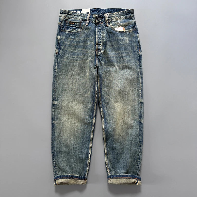 Men's Japanese Indigo Blue Selvedge Straight Leg Denim Jeans for Men Artisan Vintage Spring Washed with Raw Hem Detailing