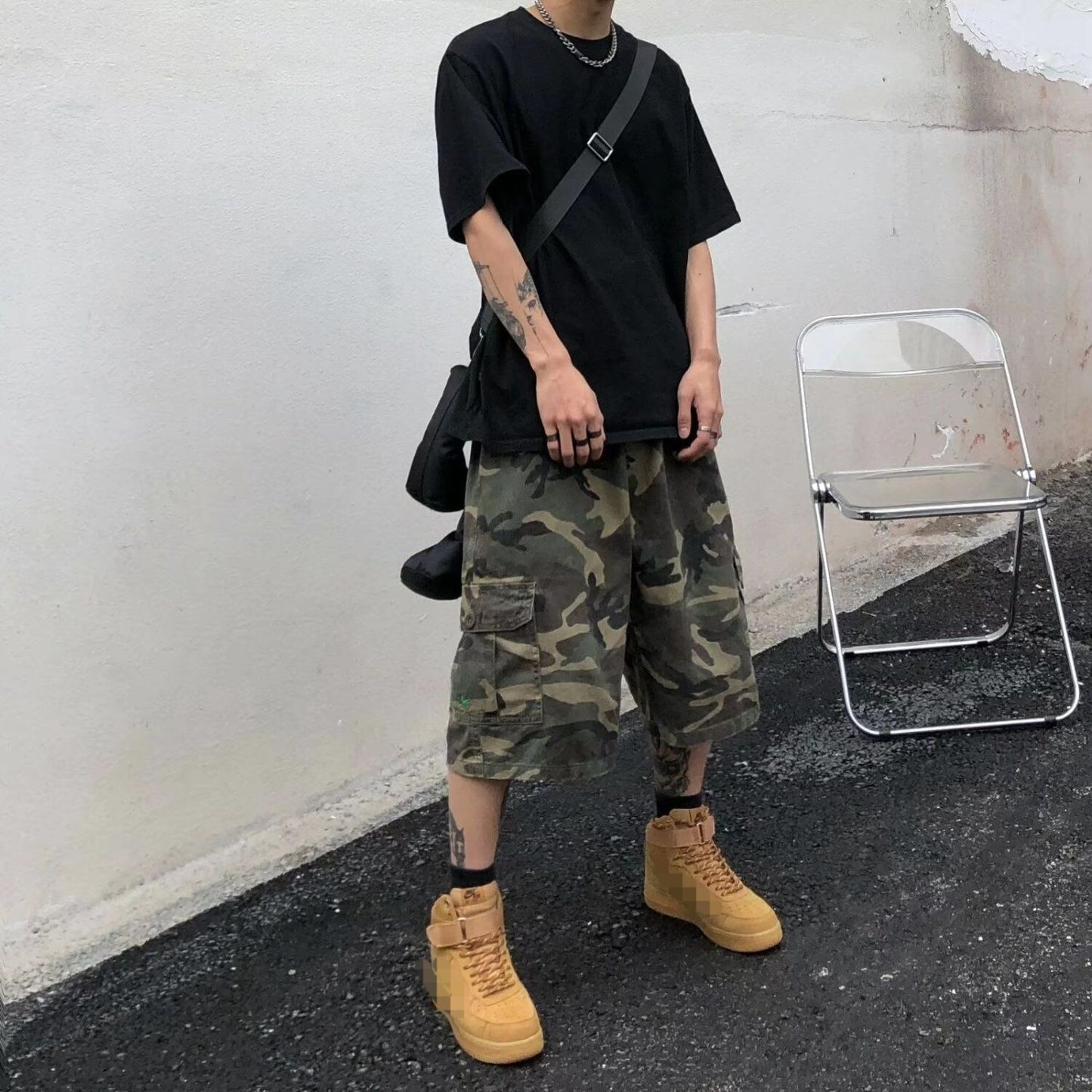 Shorts Men Clothing Loose Street Camouflage Wide-Leg Elastic Waist Casual Versatile Below Cropped Pants Knee Length Summer