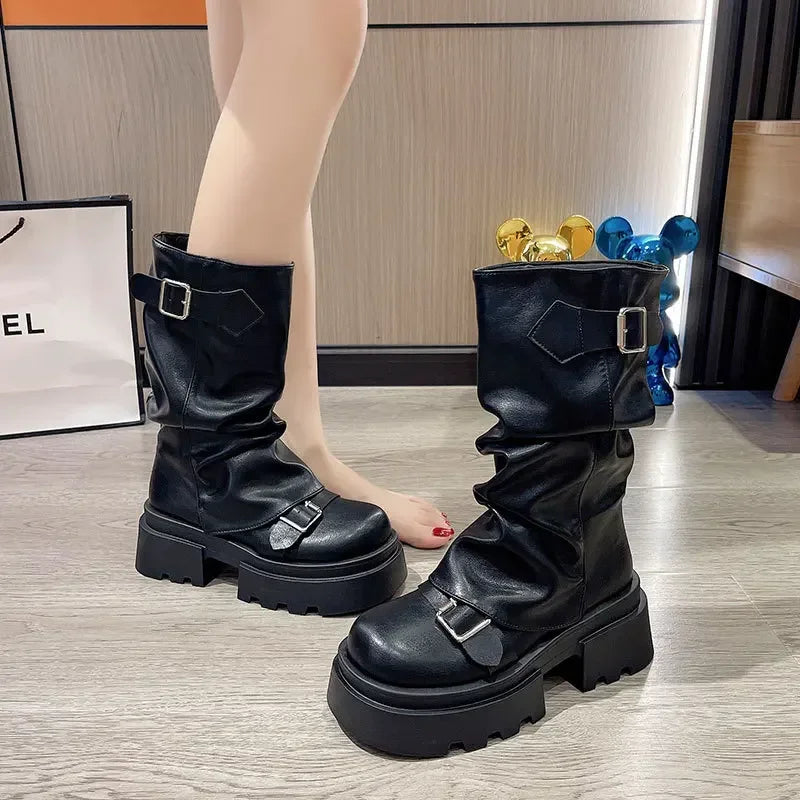Women's Boots Brown Maillard Retro New Spring Autumn Height Increasing Comfortable Anti Slip Fashion Belt Buckle Boots 2025