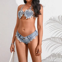 2026 Summer Sexy Sequins Low Waist Bead Denim Shorts Slim Peach Buttocks Women