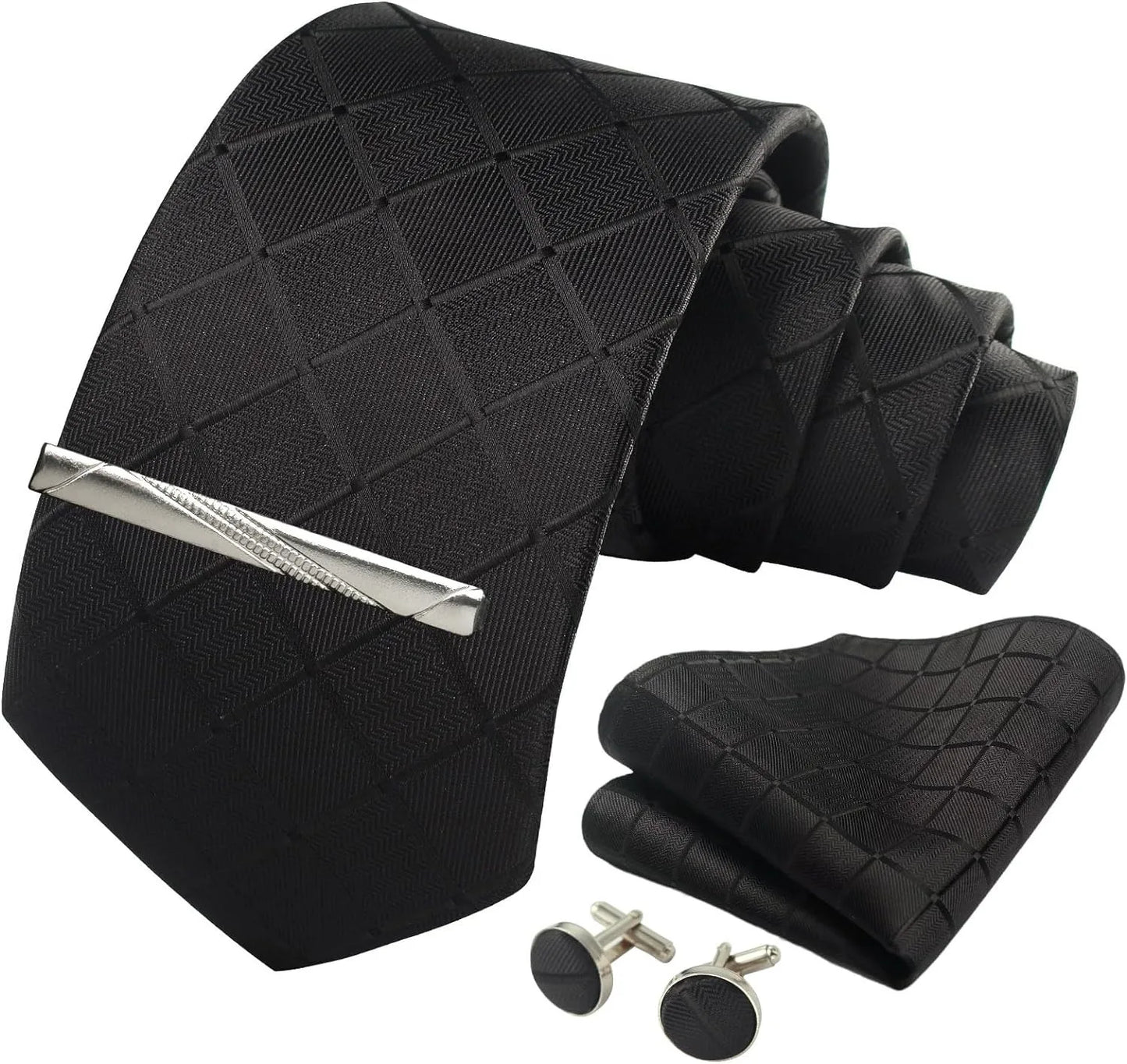 100% Silk Ties for Men Plaid & Checks Tie Clip Handkerchief Woven Classic Men's Necktie Pocket Square Set Formal Wedding Ties