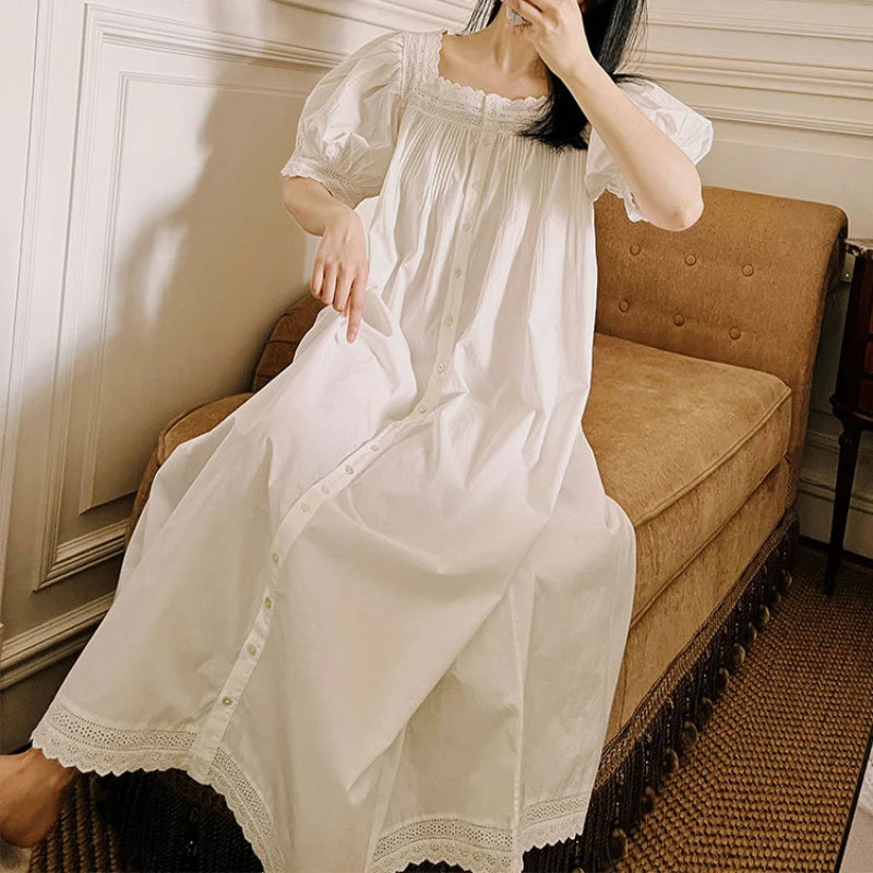 Victorian White Night Dress Women Summer Pure Cotton Short Sleeve Long Peignoir Vintage Nightgown Sleepwear Princess Nightwear