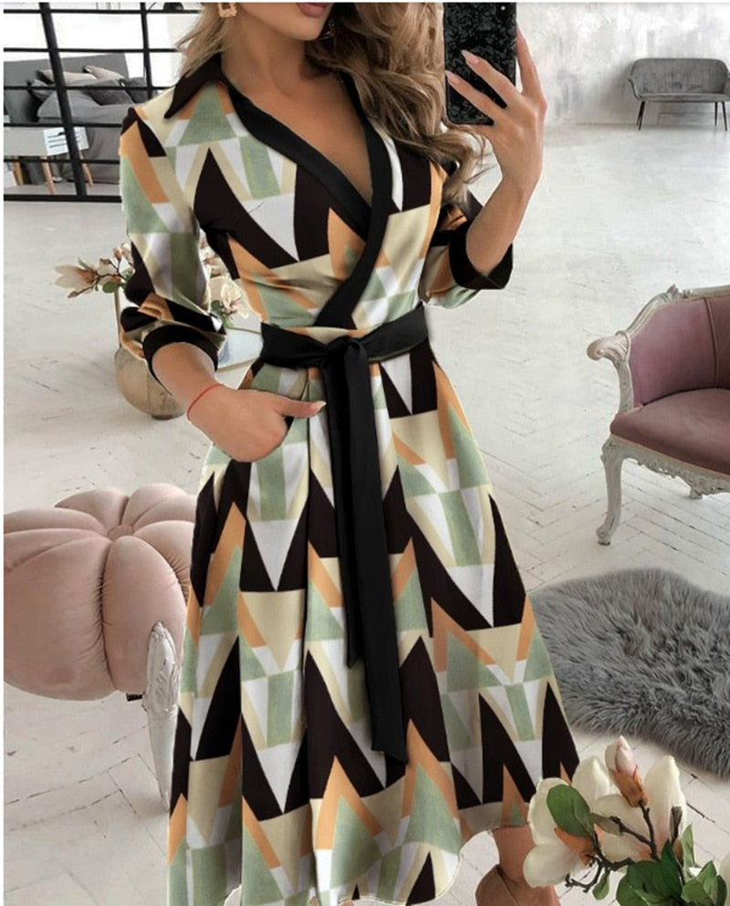 Spring/Summer Fashion Long sleeved V-neck Printed Hip Wrap Dress for Women