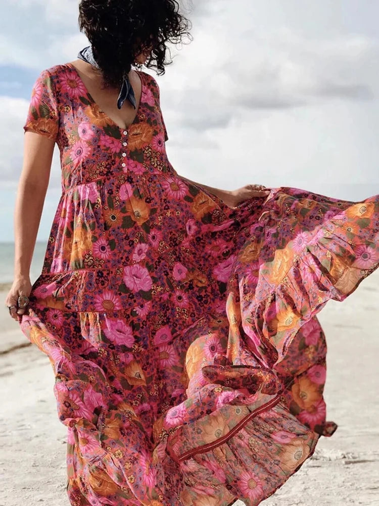 Vintage Chic Women Deep V-neck Red Floral Print Beach Bohemian Maxi Dress Ladies Rayon Cotton Summer Boho Sundress Vestidos