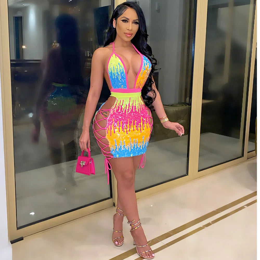 nightclub dresses women Sexy Sequin Deep V Party Nightclub Bodycon Mini Dresses Women Halter S –  Mega Mart Center