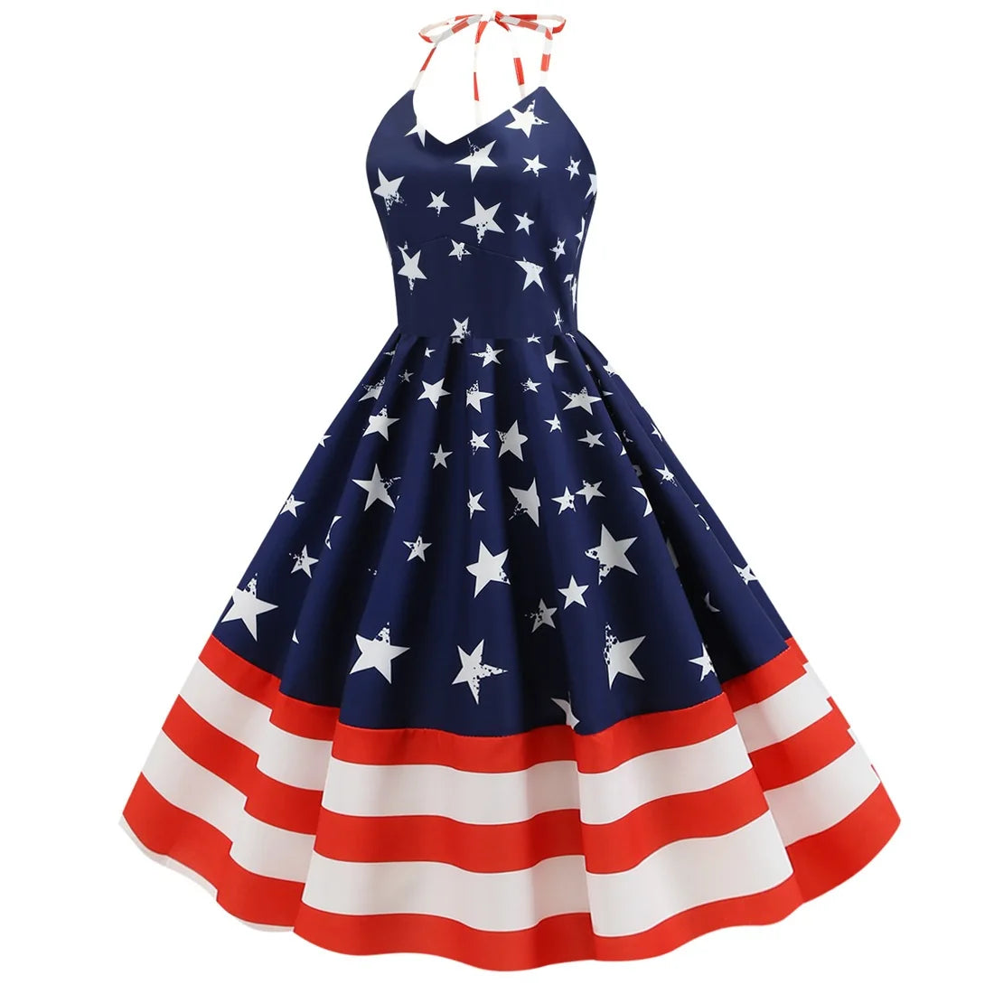 1950s60s Retro Dress American Independence Day Retro Women's Wear Halter Wrap Chest Star Stripe Print Large Swing Dress