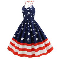 1950s60s Retro Dress American Independence Day Retro Women's Wear Halter Wrap Chest Star Stripe Print Large Swing Dress