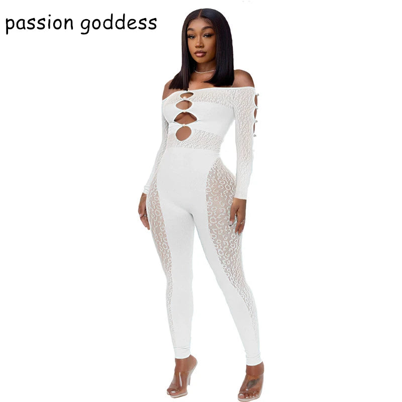 New 2022 Summer Slash Neck Off The Shoulder Hollow Out Skinny Jumpsuits Women Leopard Mesh Pearl Button Sexy Party Club Jumpsuit