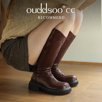 Ods  Footwear Elegant Heeled Shoes for Women Brown Ladies Boots Platform Winter Knee High Shaft Heels Long Boot Free Shipping 42