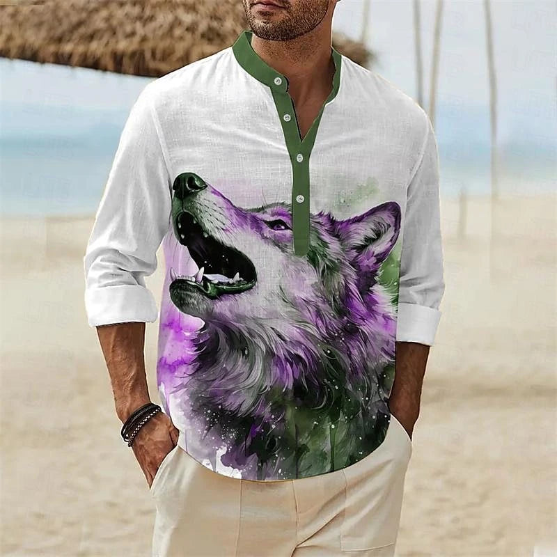Men's 3D Button Shirt T-shirt Summer New Fashion Personalized Graffiti Standing Collar Casual Long sleeved Shirt Extra Large