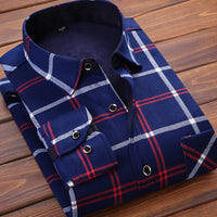 2025 Men's Autumn Winter Casual Fleece Plaid Shirt Fashion Soft Warm Turn Down Collar Long Sleeve Shirt Male High-Quality Tops