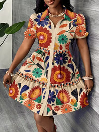 2026Women's Summer Floral Print Shirt Dress Puff Sleeve Ruffle Hem A-Line Mini Dress
