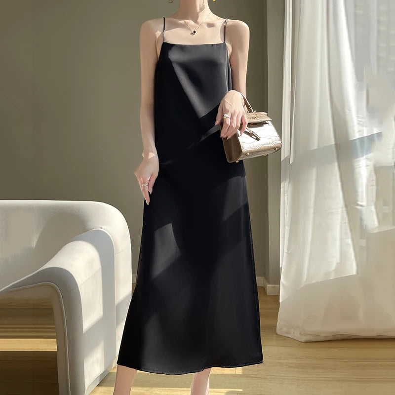 2025 New Model One Collar French High-end Silk Camisole Dress.  Solid Color Base Long Skirt