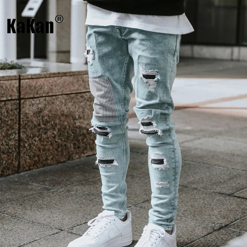 Kakan-y2k New Men's Wear Worn Out Small Leg Elastic Jeans, Slim and Handsome Motoryclist Boots Long Jeans Jeans, Jeans Man Brand
