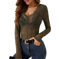 Women'S Floral Eyelet Lace Shirt Sexy V Neck Long Sleeve Opaque Shirts See-Through Lace Sexy Women Clothing Blusas Para Mujer