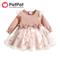 PatPat Baby Dress Baby Girl Clothes New Born Infant Party Dresses Pink Ribbed Bowknot Floral Mesh for NewBorn Kids Birthday