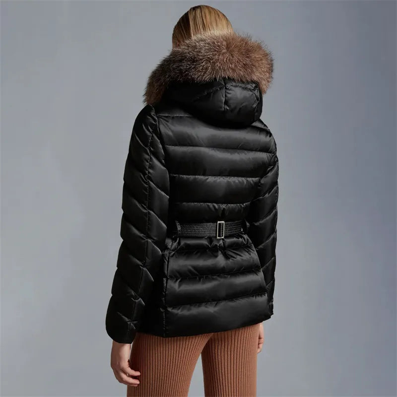 Women's winter down jacket 2023 New Korea Fashion Belt Slim Fit Hooded Feather Coat Natural Fox Fur Collar down coats Thick Coat