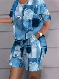 Women Print Two Piece Shorts Sets Matching Sets Short Sleeve T Shirts Pockets Elastic Waist Trousers Y2k Tops Suits Summer 2025