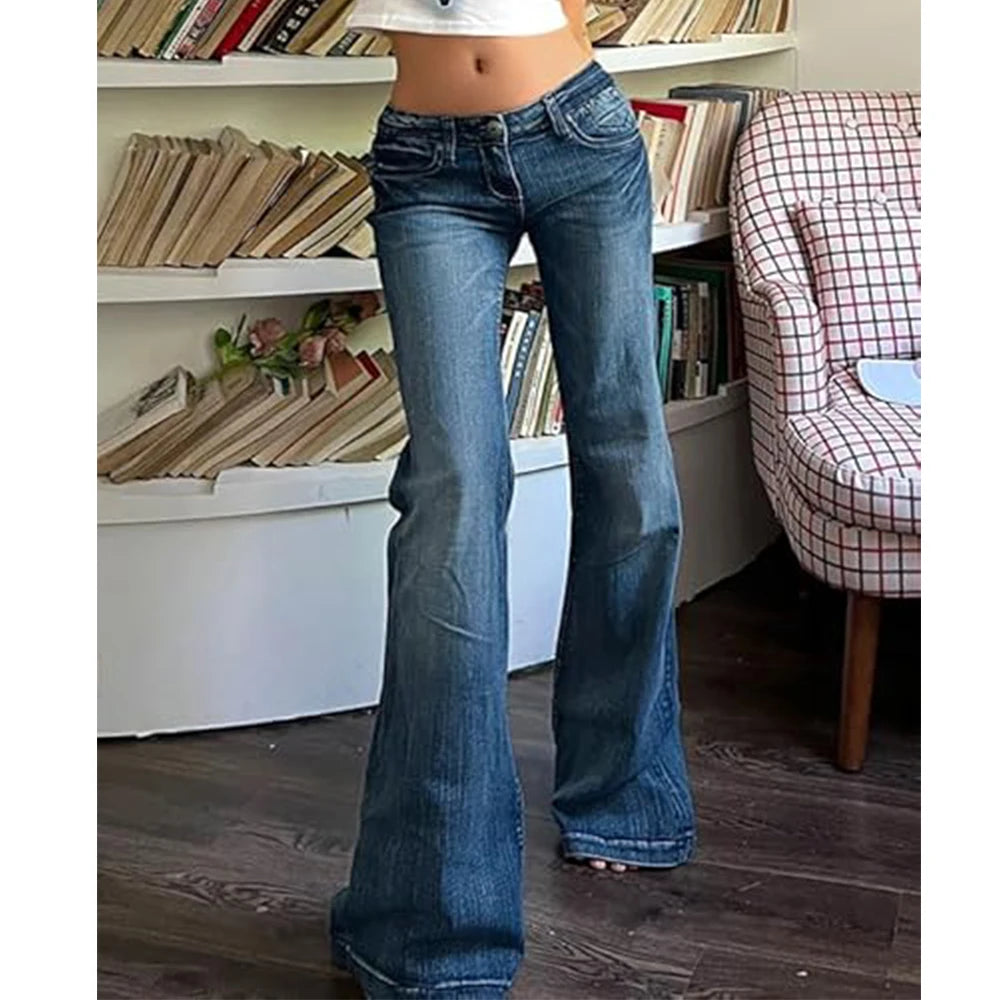 Women Vintage y2k Flared Jeans Retro Button-up Low Rise Casual Denim Pants Harajuku 2000s Aesthetic Trousers Basic Jeans