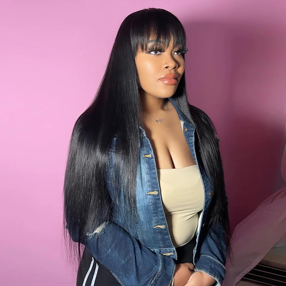 Silkwave Bone Straight Human Hair With Bangs 3x1 Lace Middle Part Wigs For Black Women Brazilian 30 32 Inch Cheap Glueless Wig