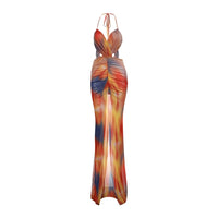 BKLD Mesh Halter Backless Multi Print See Through Sexy Long Split Dress Summer Clothes Women Fashion Vacation Beach Club Outfits