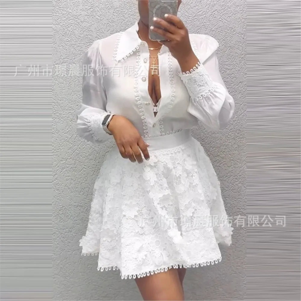 Fashion White Lace Patchwork Long-sleeved Shirt Women Dress Set Autumn New Elegant Lace Lace Short Skirt Woman 2 Piece Skirt Set