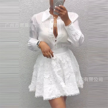 Fashion White Lace Patchwork Long-sleeved Shirt Women Dress Set Autumn New Elegant Lace Lace Short Skirt Woman 2 Piece Skirt Set