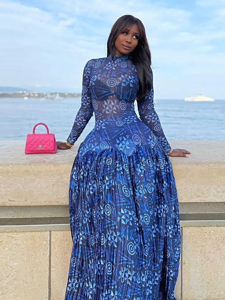 Royal Blue Dress for Women Mid-turtleneck High Waist Transparent  Light Long Dress with Sleeves Streetwear Pleated Maxi Dress