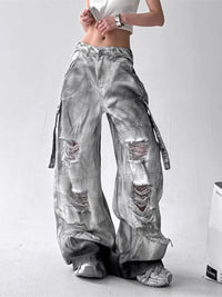 Women Jeans Pants American High Street Ripped Straight Wide-Leg Jeans For Women Design Tie-Dye Jazz Dance Cargo Full Thin Jeans