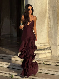 Elegant Solid Ruffled Sling Dress for Women Fashion Sleeveless Backless Party Maxi Dresses 2025 New Female Vacation Robes Street