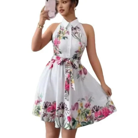 2026 Spring and Summer New Casual Style Waist Strap Dress Flower Printed Women's Dress