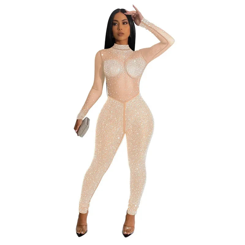 High Quality 2022 Long Sleeve Skinny Sexy Diamonds Jumpsuits Women High Neck Mesh See Through Black Club Party Jumpsuit Rompers